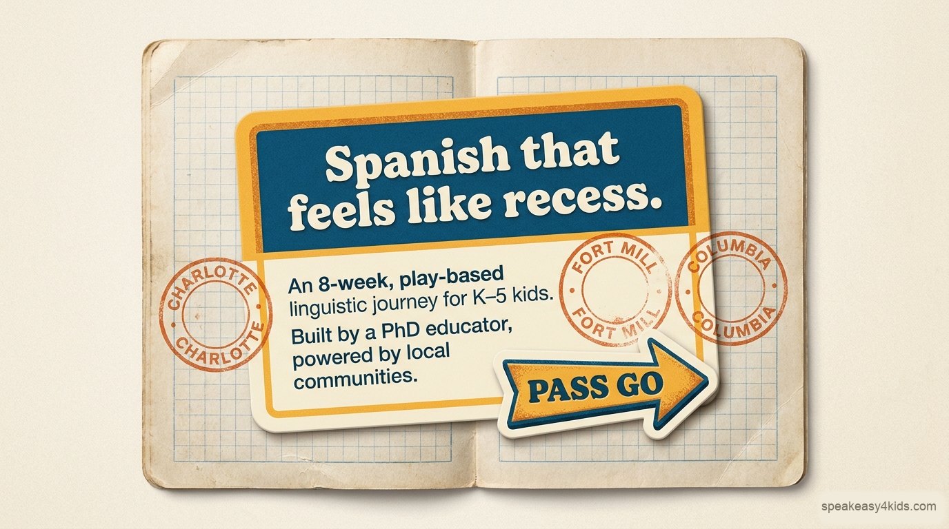 Speak Easy 4 Kids title card: Spanish that feels like recess — an 6-week play-based linguistic journey for K–5 kids, serving Charlotte, Fort Mill and Columbia.