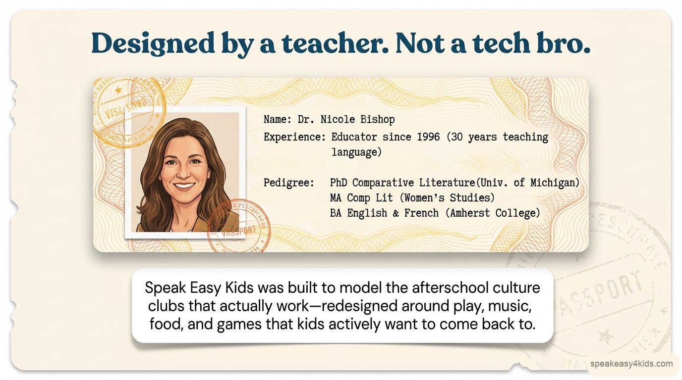 Dr. Nicole Bishop: educator since 1996, 30 years teaching language. PhD in Comparative Literature from the University of Michigan, MA Comp Lit with Women's Studies, BA English and French from Amherst College.