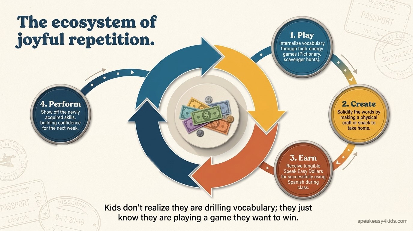 The joyful repetition cycle: 1. Play — internalize vocabulary through high-energy games. 2. Create — make a physical craft or snack. 3. Earn — receive tangible Speak Easy Dollars for using Spanish. 4. Perform — show off new skills.