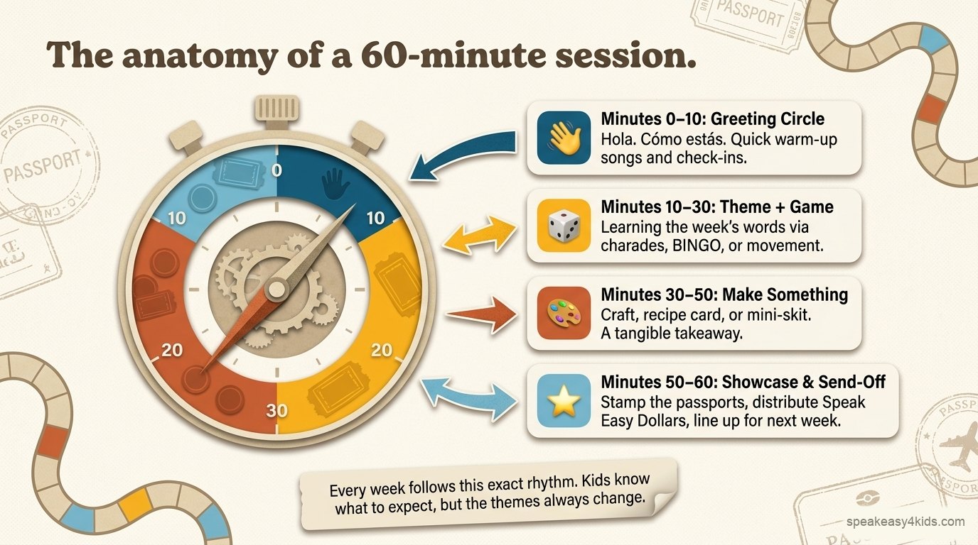 Anatomy of a 60-minute session: minutes 0 to 10 greeting circle, 10 to 30 theme and game, 30 to 50 make something, 50 to 60 showcase and send-off with passport stamps and Speak Easy Dollars.