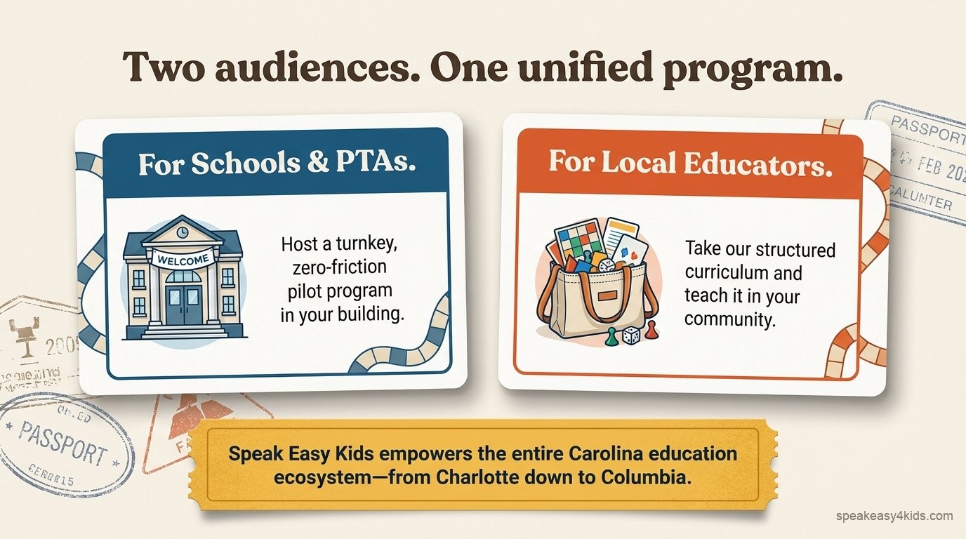 Two audiences: for schools and PTAs, host a turnkey zero-friction pilot program in your building; for local educators, take the structured curriculum and teach it in your community.