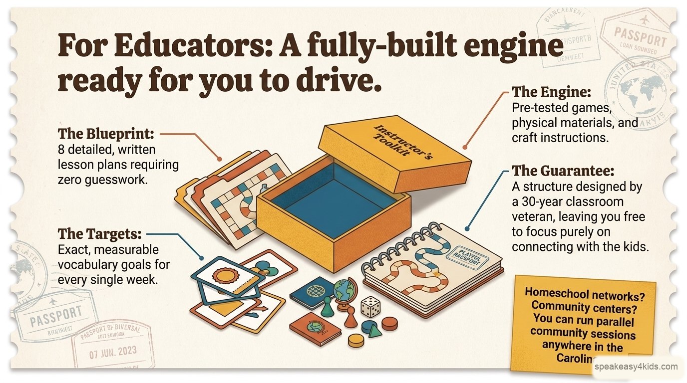For educators: the instructor's toolkit includes 8 detailed written lesson plans, exact measurable vocabulary goals per week, pre-tested games and physical materials, and a structure designed by a 30-year classroom veteran.