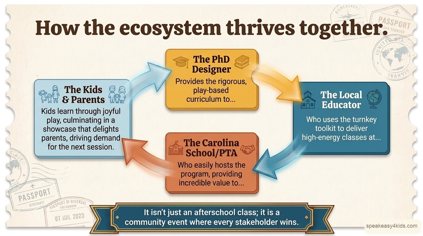 The ecosystem flywheel: the PhD designer provides the curriculum to the local educator, who delivers classes at the Carolina school or PTA, which provides value to kids and parents, whose delight drives demand for the next session.