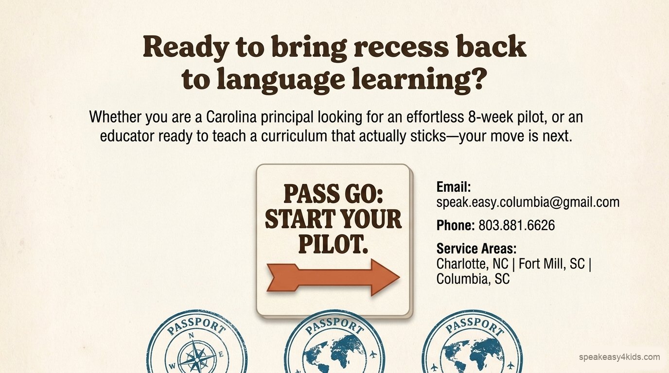 Ready to bring recess back to language learning? Contact speak.easy.columbia@gmail.com or 803.881.6626. Service areas: Charlotte NC, Fort Mill SC, Columbia SC.